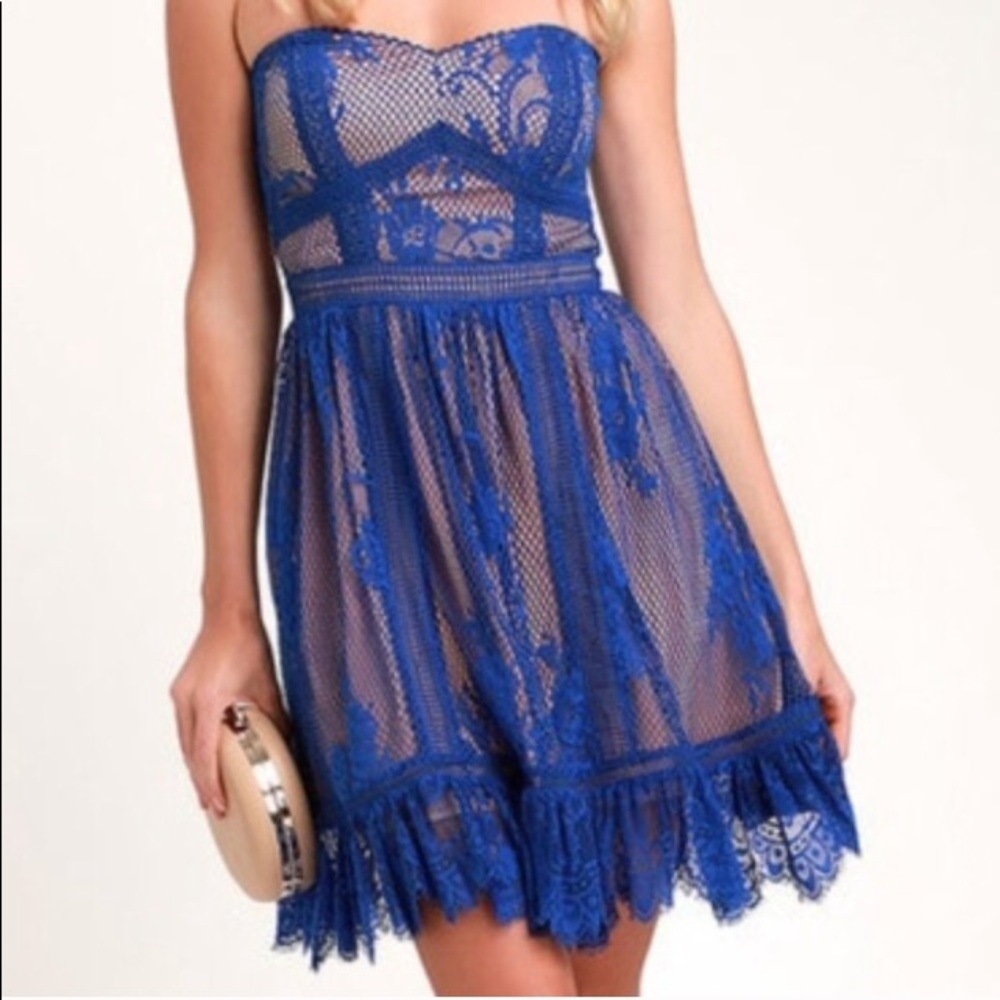 Ryse Jade Royal Blue & Nude Lace Strapless Dress